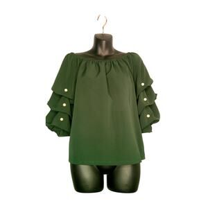 CeCe Green Off Shoulder Blouse Pearl Detail on Tiered Sleeve -Women's Small